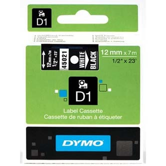 45021 DYMO tape D1 plastic 12mm, white print/black backing, 7m roll