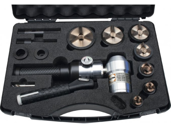 01643 Ręczne hydrauliczne narzędzie do cięcia kątowego ALFRA wraz z walizką z punktakami M16 - M40 do stali nierdzewnej
