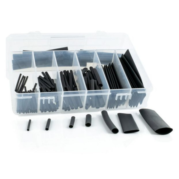 HTI shrink tubing set in plastic box - black, flame retardant, 127 pieces