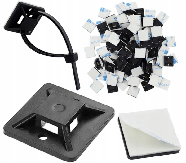 Cable clips black 19x19mm self-adhesive, for 3,6mm tapes (pack of 50 pairs), 100pcs in pack