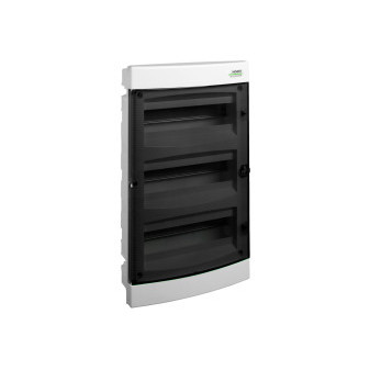 Plastový rozvádzač, priehľadné dvere, zapustená montáž, IP40, 3 rady, 3x18 modulov